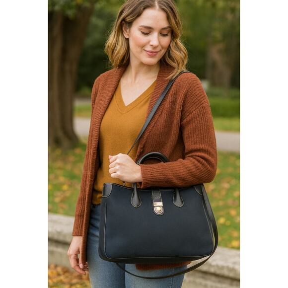Dooney & Bourke Black Signature Canvas Leather Convertible Top Handle Crossbody - Picture 1 of 7
